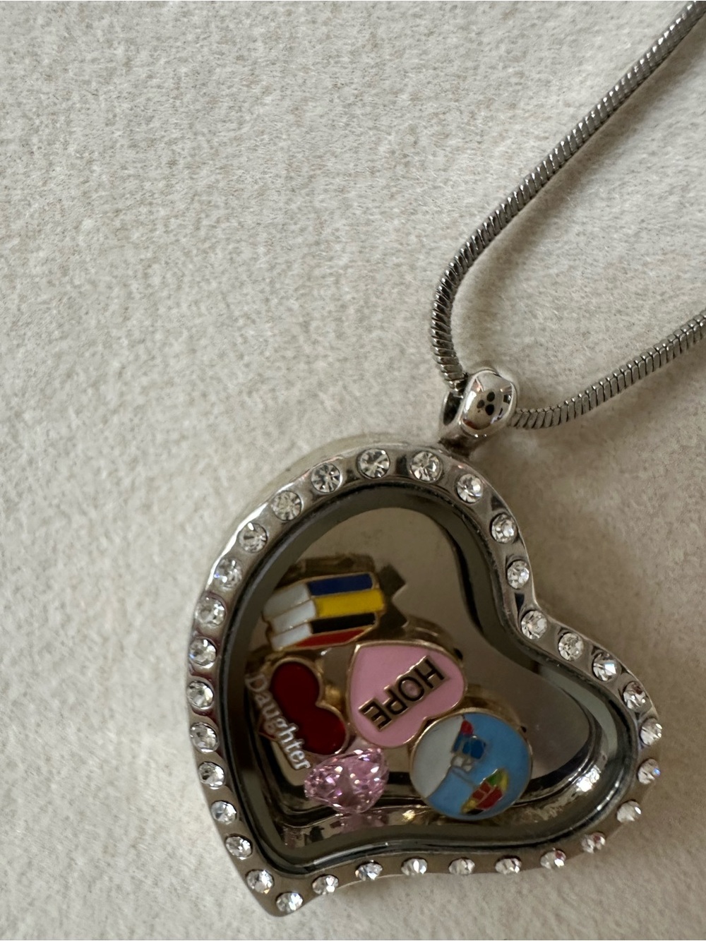 Heart Locket Necklace with Hope & Charm Inserts - Silver and Pink